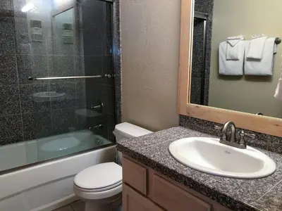 a bathroom with a toilet and a sink and a shower at Mountainback 57 Den in Mammoth Lakes