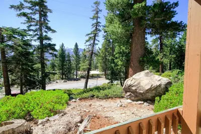 a rock sitting on a porch next to a tree at Discovery 4 113 in Mammoth Lakes