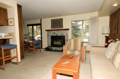 a living room with a couch and a fireplace at Discovery 4 133 in Mammoth Lakes