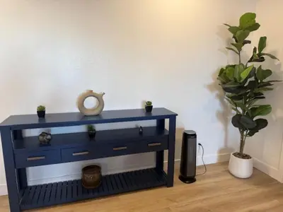 a blue dresser with potted plants in a room at Mammoth Ski Racquet Club 62 - Newly Renovated 2025 in Mammoth Lakes