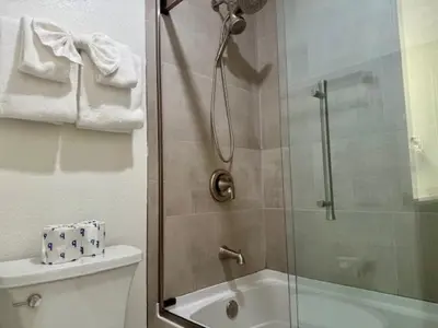 a bathroom with a shower and a toilet with a glass door at Mammoth Ski Racquet Club 62 - Newly Renovated 2025 in Mammoth Lakes