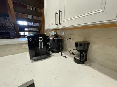 a kitchen counter with two coffee makers on it at Mountainback 115 3 bedroom loft in Mammoth Lakes