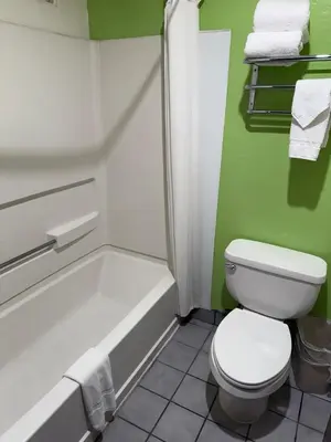 a bathroom with a white toilet and a bath tub at Hollister Inn in Hollister
