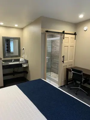 a bedroom with a bed and a desk and a sink at Black Jack Inn in South Lake Tahoe