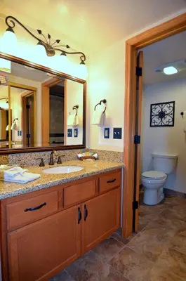 a bathroom with a sink and a toilet and a mirror at The Tahoe Beach & Ski Club Owners Association in South Lake Tahoe