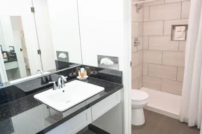 a bathroom with a sink and a toilet and a mirror at Carson Valley Motor Lodge and Suites in Minden