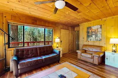 a living room with a couch and a chair at Cozy Seclusion in South Lake Tahoe