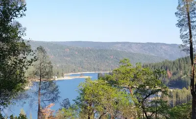 a view of a lake in the middle of a forest at The Pines Resort & Conference Center in Bass Lake