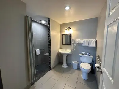 a bathroom with a toilet and a sink and a shower at Lake Ridge South Lake Tahoe in South Lake Tahoe