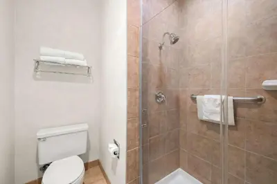 a bathroom with a toilet and a glass shower at Best Western Stagecoach Inn in Pollock Pines