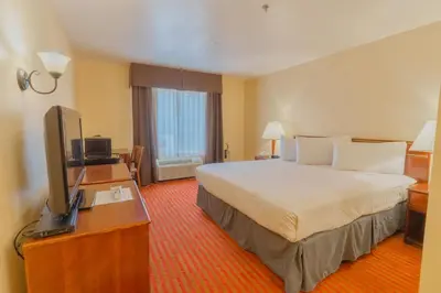a hotel room with a bed and a flat screen tv at The Monarch Inn in Mariposa