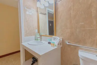 a bathroom with a sink and a shower at The Monarch Inn in Mariposa