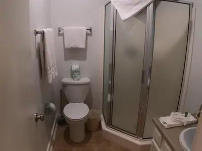 a bathroom with a shower and a toilet and a sink at Rr-edgewater08 in June Lake
