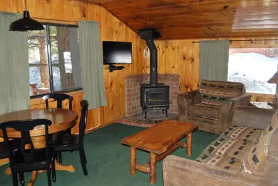 a living room with a wood stove in a cabin at Edelweiss Lodge in Mammoth Lakes