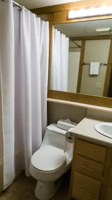 a bathroom with a toilet and a sink and a mirror at Gold Bend 5022 in Truckee