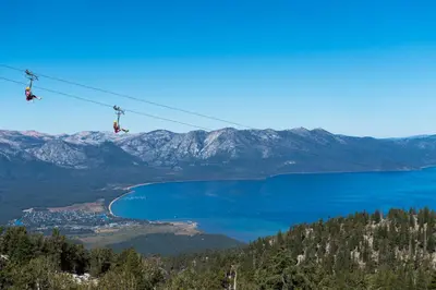 two people on a ski lift over a lake at Zalanta 221 in South Lake Tahoe