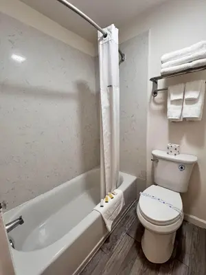 a bathroom with a toilet and a bath tub at Howard Johnson by Wyndham Downtown Reno in Reno