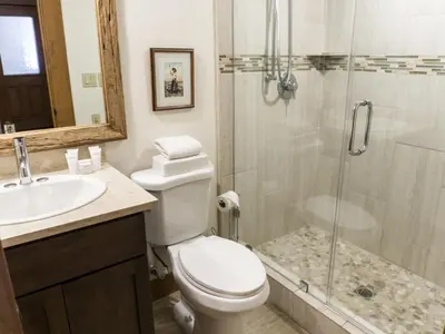 a bathroom with a shower and a toilet and a sink at 3132 Aspen Grove in Truckee