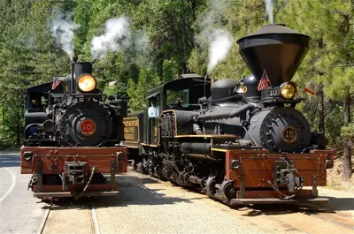 two trains are on the tracks next to each other at Yosemite Foothill Retreat in Coarsegold