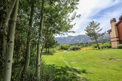 a lawn with trees and mountains in the background at Snowcreek Iii #415 Condo in Mammoth Lakes