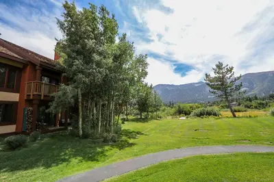 a yard next to a building with trees and mountains at Snowcreek Iii #415 Condo in Mammoth Lakes