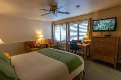 a bedroom with a bed and a television and a desk at June Lake Motel in June Lake