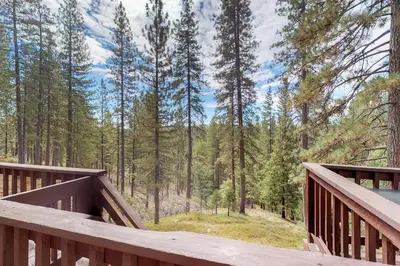 a wooden deck with a view of a forest at Stiles Mountain Hideaway in Arnold