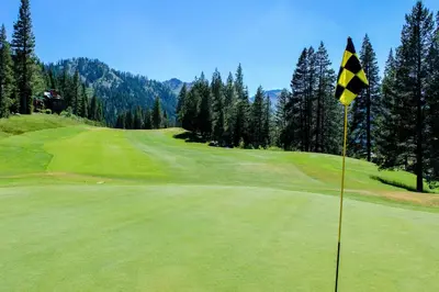 a golf course with a hazard flag on the green at Resort at Squaw Creek 808 in Olympic Valley