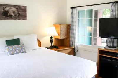 a bedroom with a bed and a flat screen tv at Buckeye Tree Lodge in Three Rivers