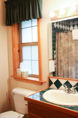 a bathroom with a sink and a toilet and a mirror at Buckeye Tree Lodge in Three Rivers