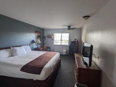 a hotel room with a bed and a flat screen tv at Sonora Aladdin Motor Inn in Sonora
