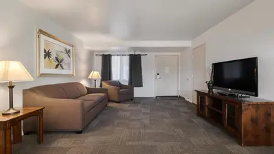 a living room with a couch and a flat screen tv at Sonora Aladdin Motor Inn in Sonora