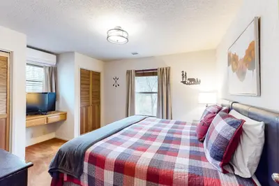 a bedroom with a bed with a checked blanket and a tv at Creekside Cabin in Groveland