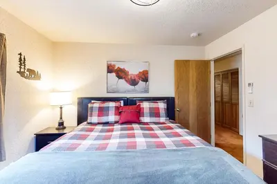 a bedroom with a bed with red and blue pillows at Creekside Cabin in Groveland