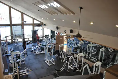 an overhead view of a gym with cardio equipment at Double Eagle Resort and Spa in June Lake