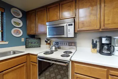 a kitchen with a stove and a microwave at Cozy Chalet (15-013) in Groveland