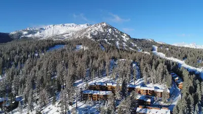 an aerial view of a ski lodge on a snowy mountain at Timber Ridge Resort by 101 Great Escapes in Mammoth Lakes