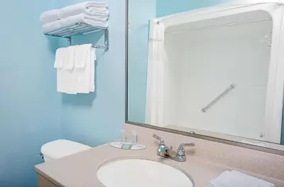 a bathroom with a sink and a mirror at Travelodge by Wyndham Bishop in Bishop
