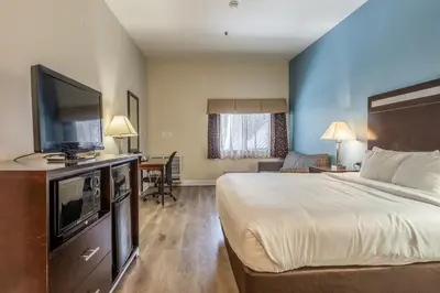 a hotel room with a bed and a flat screen tv at Quality Inn near Mammoth Mountain Ski Resort in Mammoth Lakes