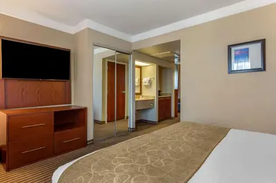 a hotel room with a bed and a television at Comfort Suites Visalia - Convention Center in Visalia