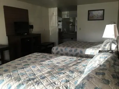 a hotel room with two beds and a television at Executive Inn westley,CA in Westley