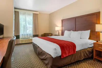 a hotel room with a large bed with a red blanket at Comfort Inn & Suites Galt - Lodi North in Galt