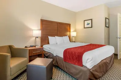 a hotel room with a large bed and a chair at Comfort Inn & Suites Galt - Lodi North in Galt