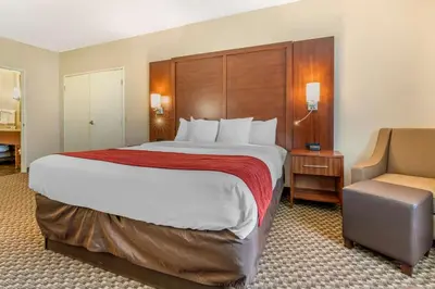a hotel room with a large bed and a chair at Comfort Inn & Suites Galt - Lodi North in Galt
