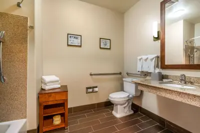 a bathroom with a toilet and a sink and a mirror at Comfort Inn & Suites Galt - Lodi North in Galt