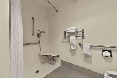 a bathroom with a shower and a toilet and towels at Comfort Inn & Suites Sequoia Kings Canyon in Three Rivers