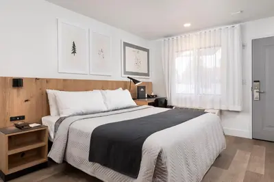 a bedroom with a large bed and a window at Hotel Lumberjack - Sonora in Sonora
