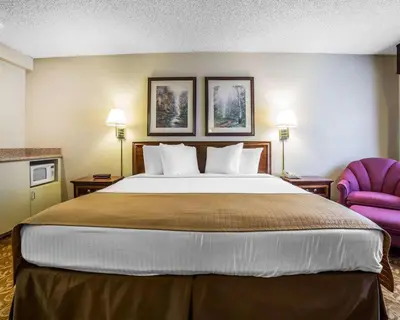 a large bed in a hotel room with a purple chair at Quality Inn & Suites Minden in Minden