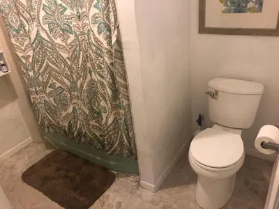 a bathroom with a toilet and a shower curtain at WHOLE Family - WholeVille in Sacramento