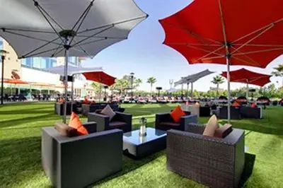 a group of chairs and umbrellas on a field at University Plaza Waterfront Hotel in Stockton